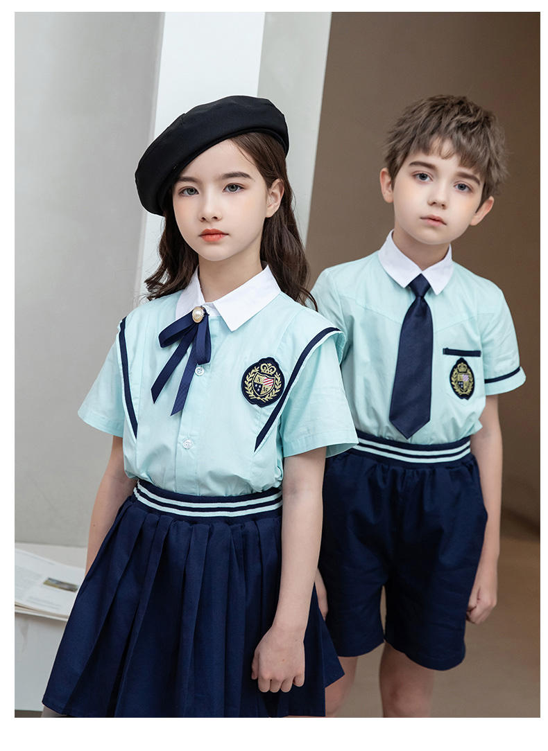 Summer college British style primary and secondary school students short-sleeved shirt school uniform suit two-piece suit 215-805 (including badge, tie and bow tie)