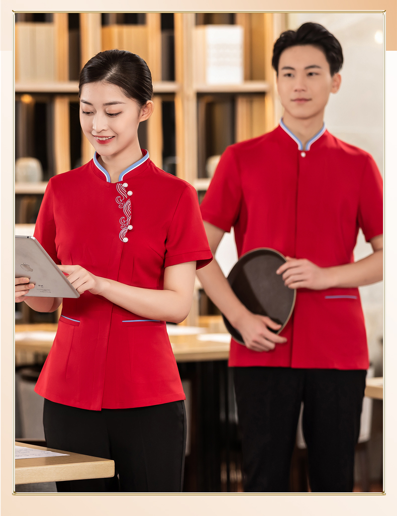 Chinese food wave flower tea restaurant Chinese restaurant waiter work clothes short-sleeved top + apron H01-2023-08 female