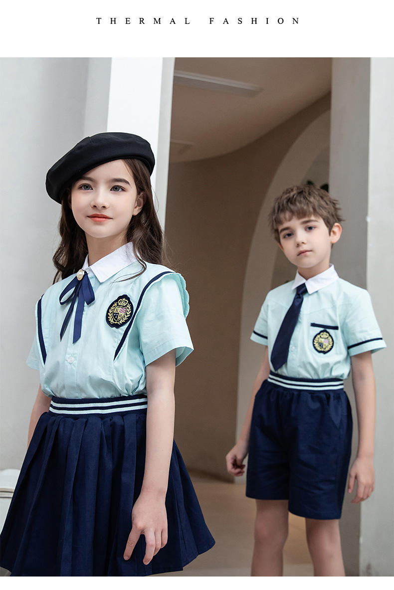 Summer college British style primary and secondary school students short-sleeved shirt school uniform suit two-piece suit 215-805 (including badge, tie and bow tie)