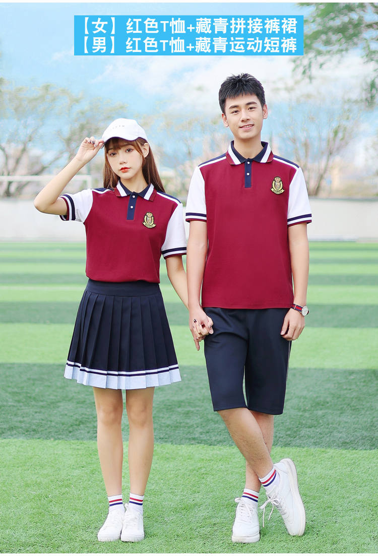 Summer campus style primary and secondary school students graduation class uniform sportswear short-sleeved school uniform two-piece suit female model H23-1602 (including badge)