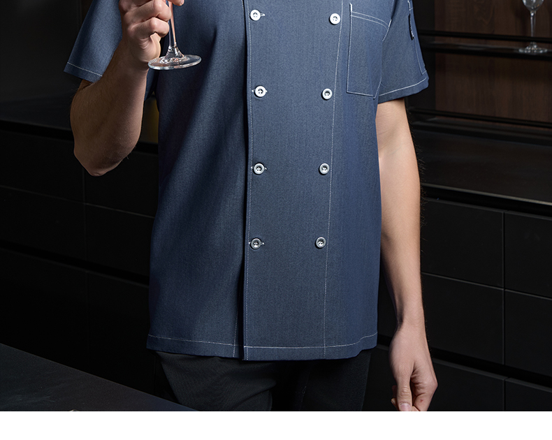 Wrinkle-resistant stretch denim double-breasted short-sleeved chef uniform H20-D24-5062