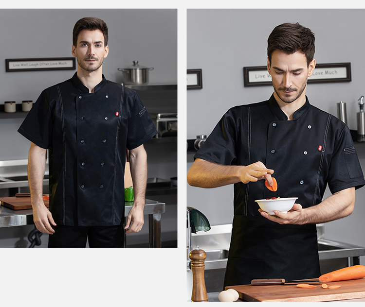 21-count thin and oblique small chef leather patch side-opening double-breasted short-sleeved chef uniform N01-024-027