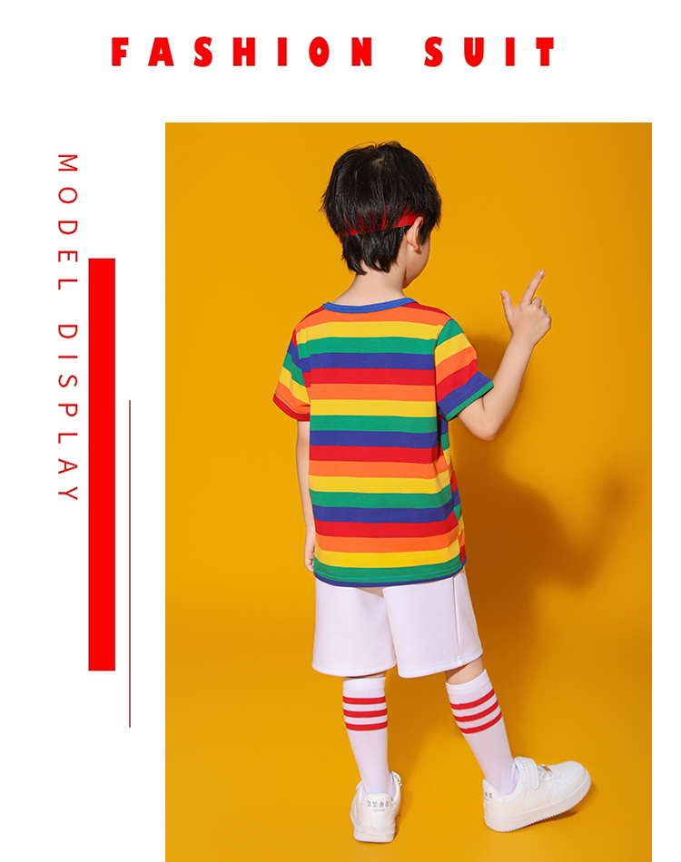 Rainbow striped short-sleeved T-shirt sports suit D03-24263