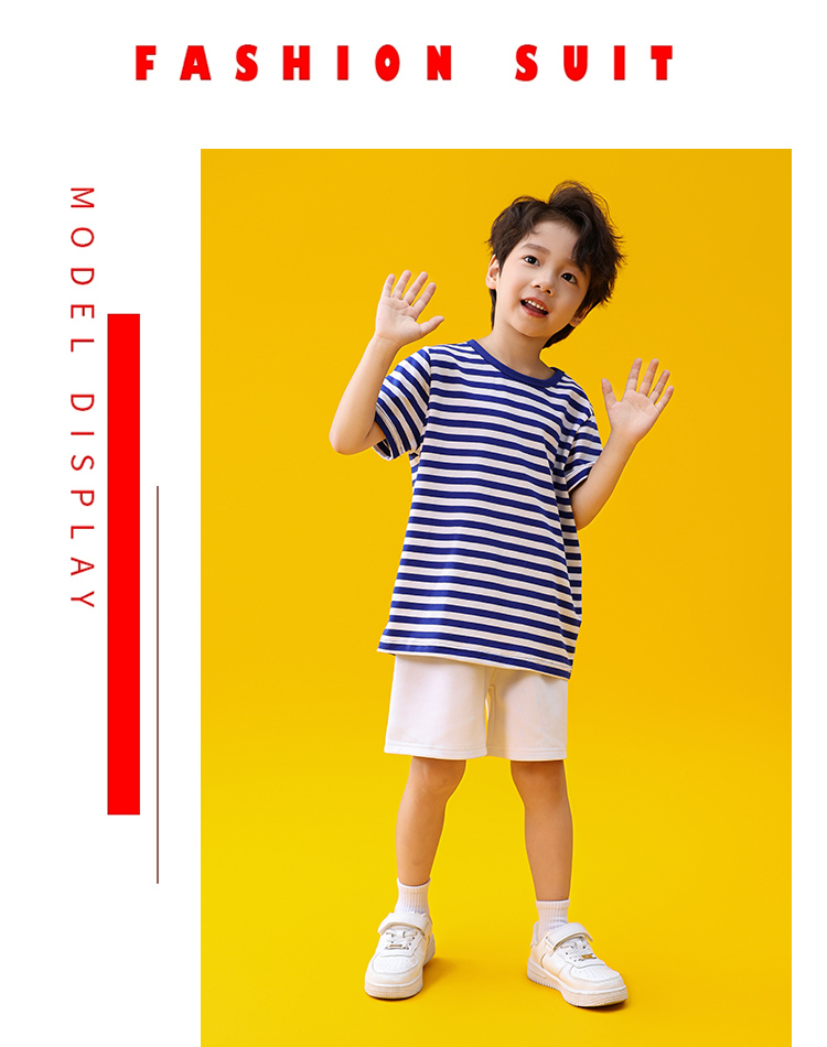 Casual sports blue striped round neck short-sleeved T-shirt school uniform suit D03-24294