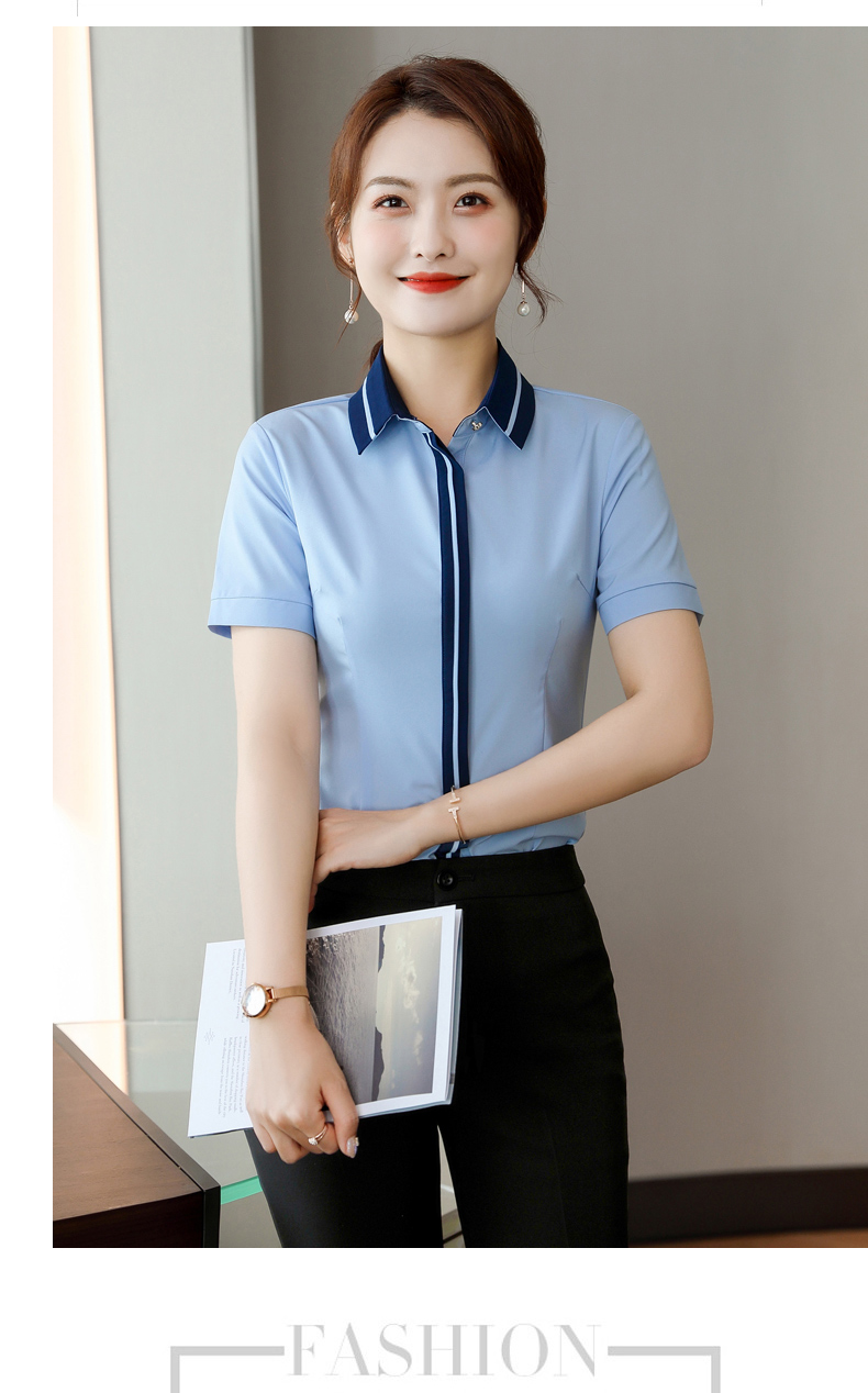 Intellectual and elegant contrast color stitching collar short-sleeved shirt 109-6217 short-sleeved shirt female