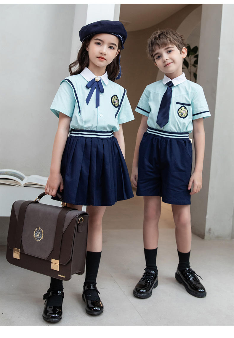 Summer college British style primary and secondary school students short-sleeved shirt school uniform suit two-piece suit 215-805 (including badge, tie and bow tie)