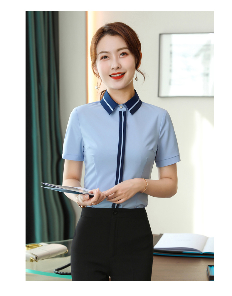 Intellectual and elegant contrast color stitching collar short-sleeved shirt 109-6217 short-sleeved shirt female