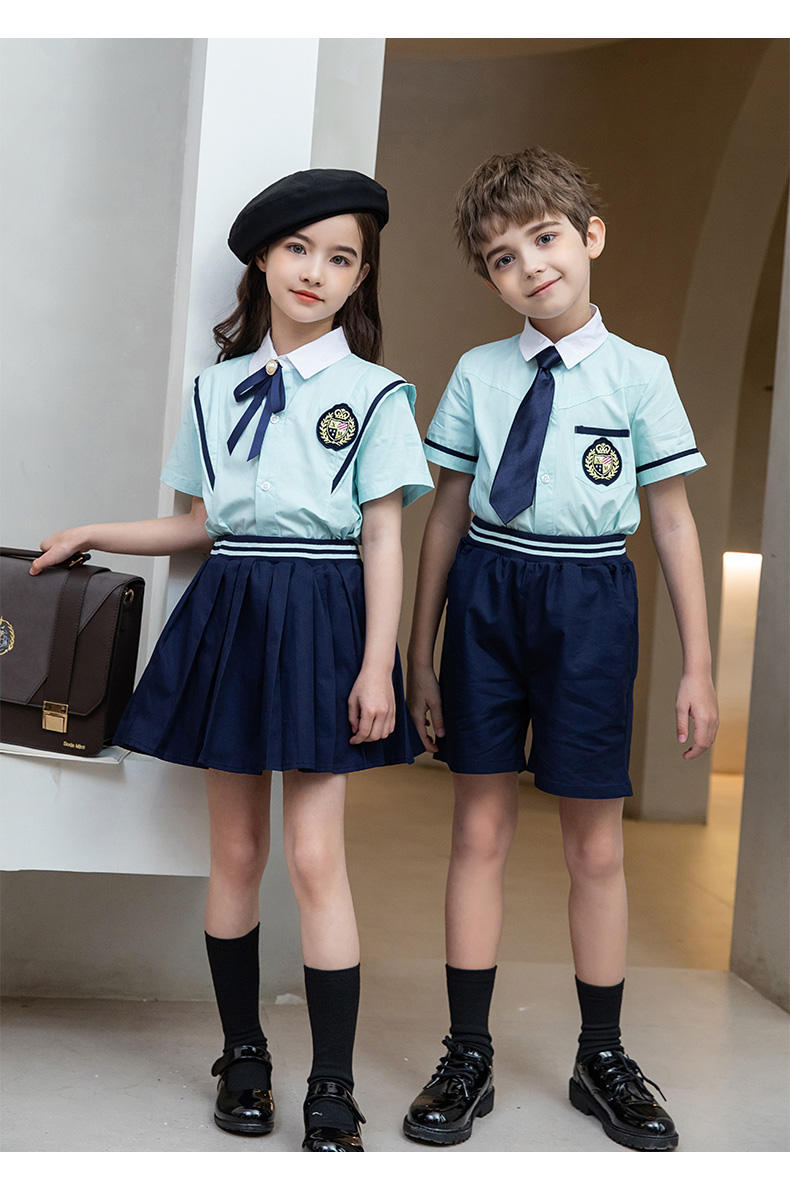 Summer college British style primary and secondary school students short-sleeved shirt school uniform suit two-piece suit 215-805 (including badge, tie and bow tie)