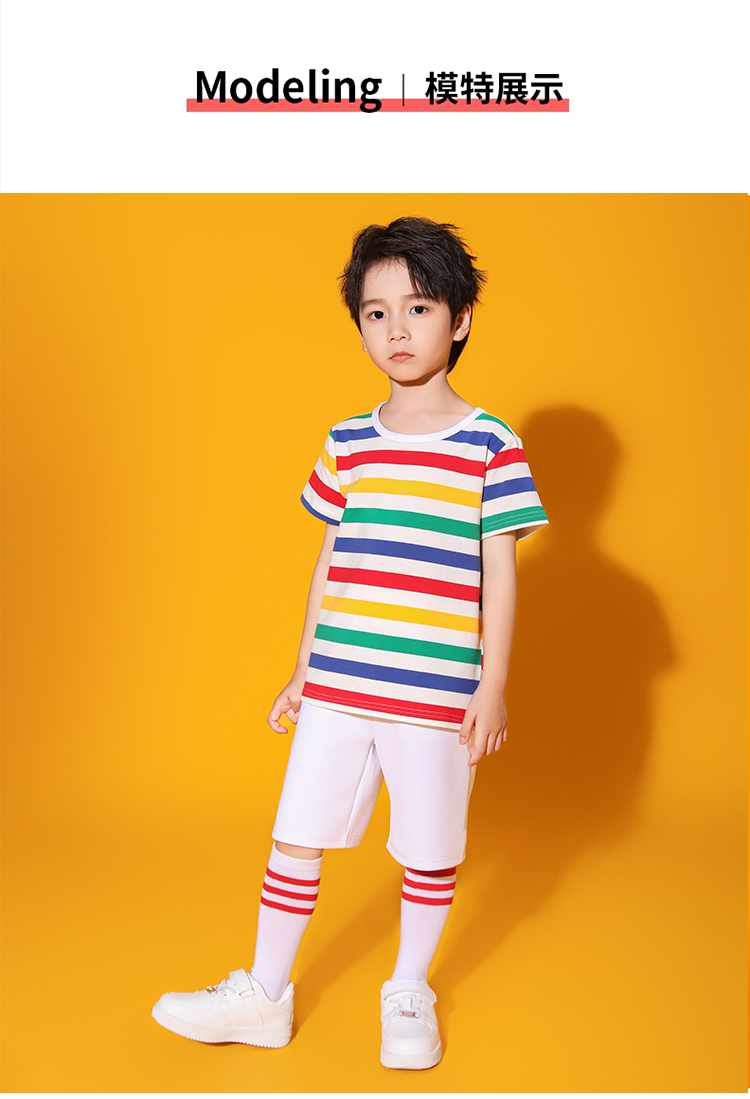 Outdoor sports elementary and middle school students striped short-sleeved round neck T-shirt suit D03-24254