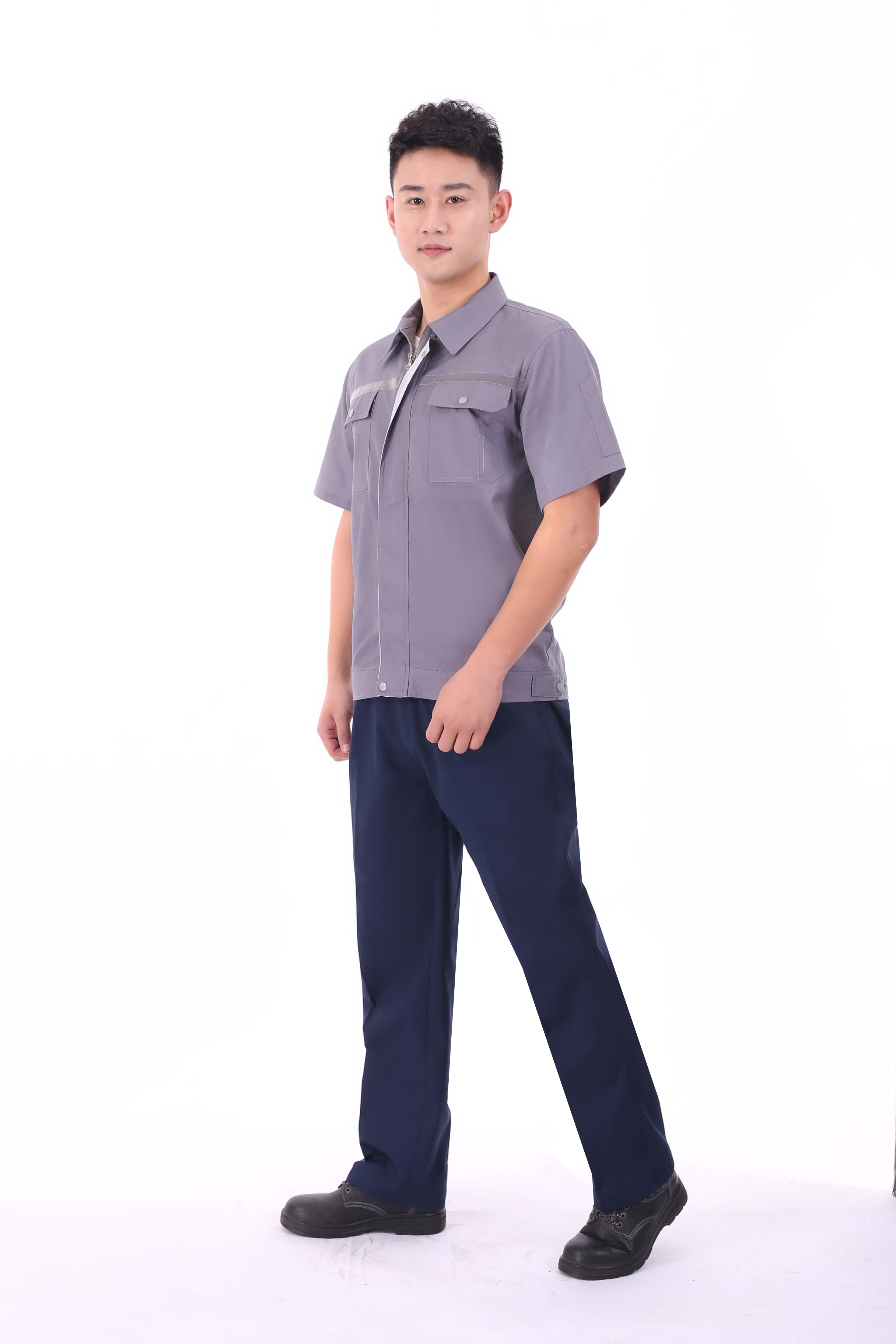 Reflective strip design pure cotton fine twill short-sleeved work clothes suit pants J02-0532