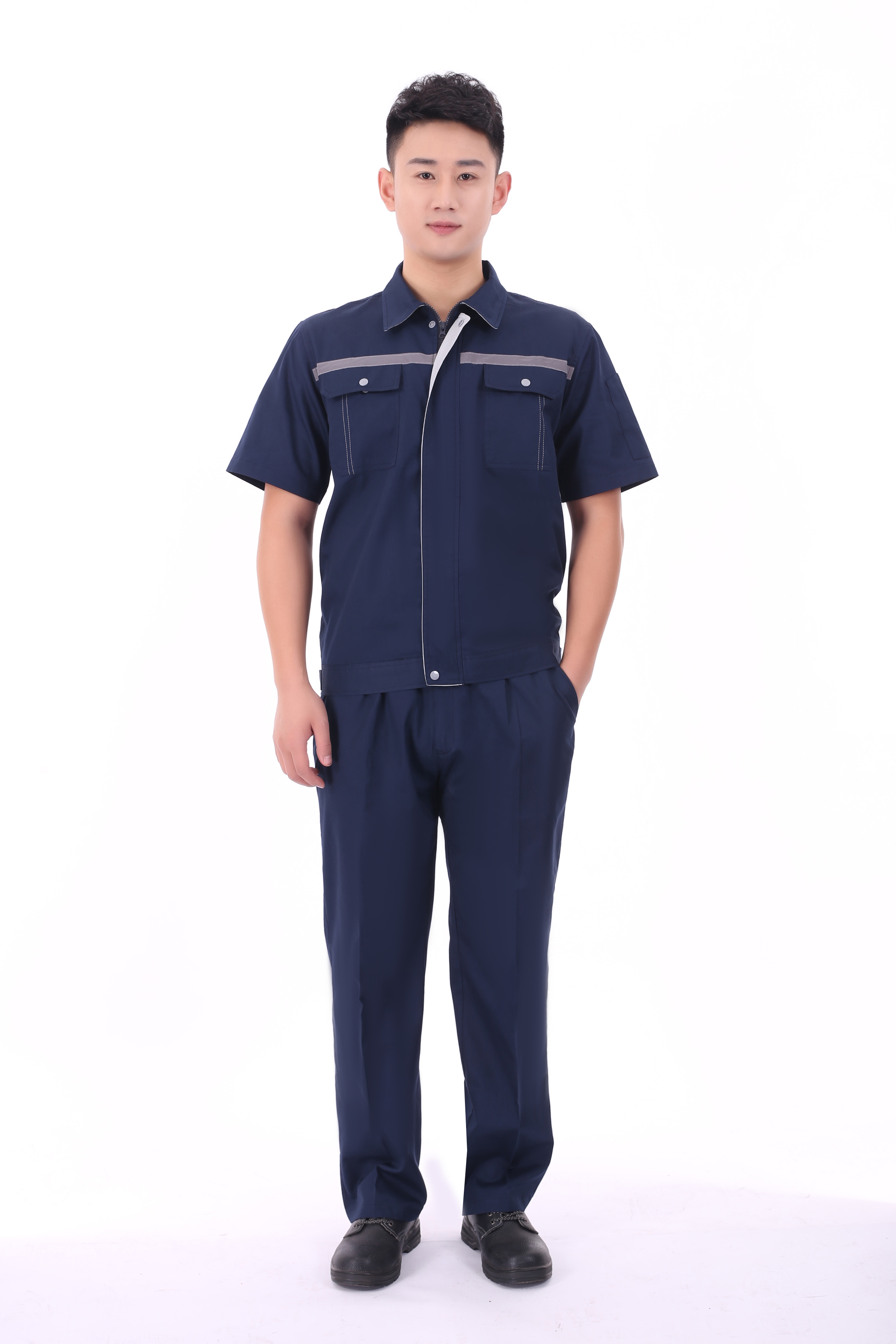 Reflective strip design pure cotton fine twill short-sleeved work clothes suit pants J02-0532