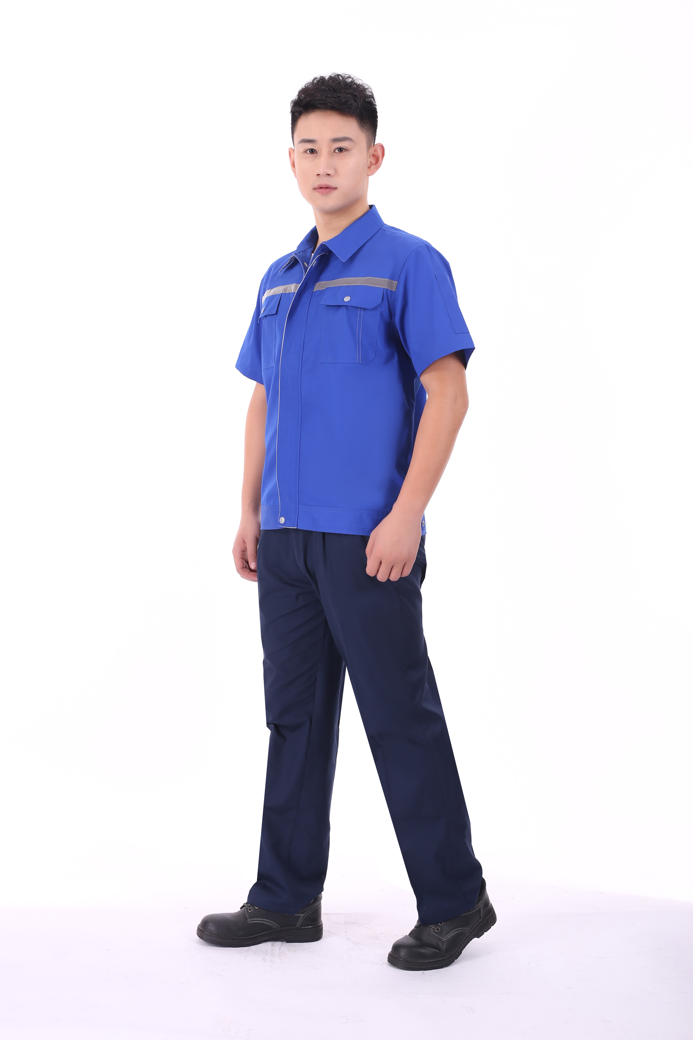 Reflective strip design pure cotton fine twill short-sleeved work clothes suit pants J02-0532