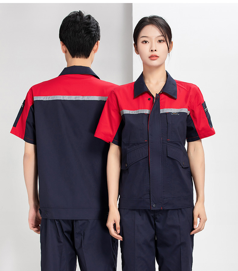 Summer polyester-cotton brushed color matching short-sleeved work clothes suit H22-24201