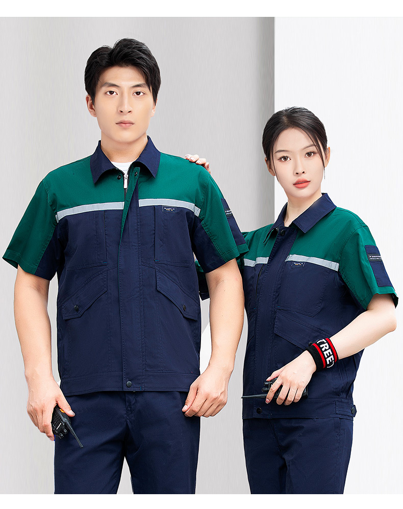 Summer polyester-cotton brushed color matching short-sleeved work clothes suit H22-24201