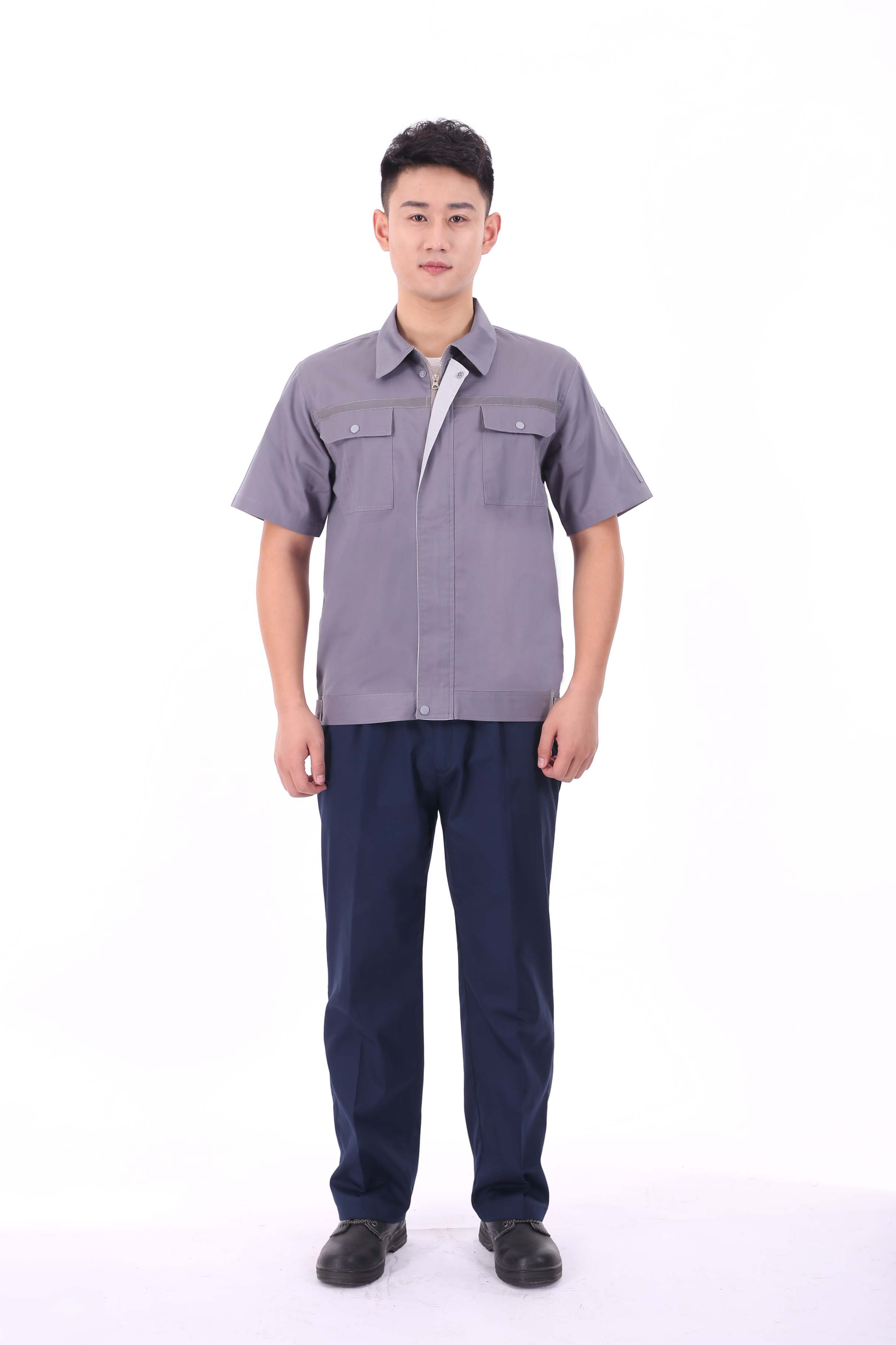 Reflective strip design pure cotton fine twill short-sleeved work clothes suit pants J02-0532