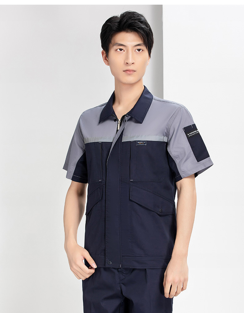 Summer polyester-cotton brushed color matching short-sleeved work clothes suit H22-24201