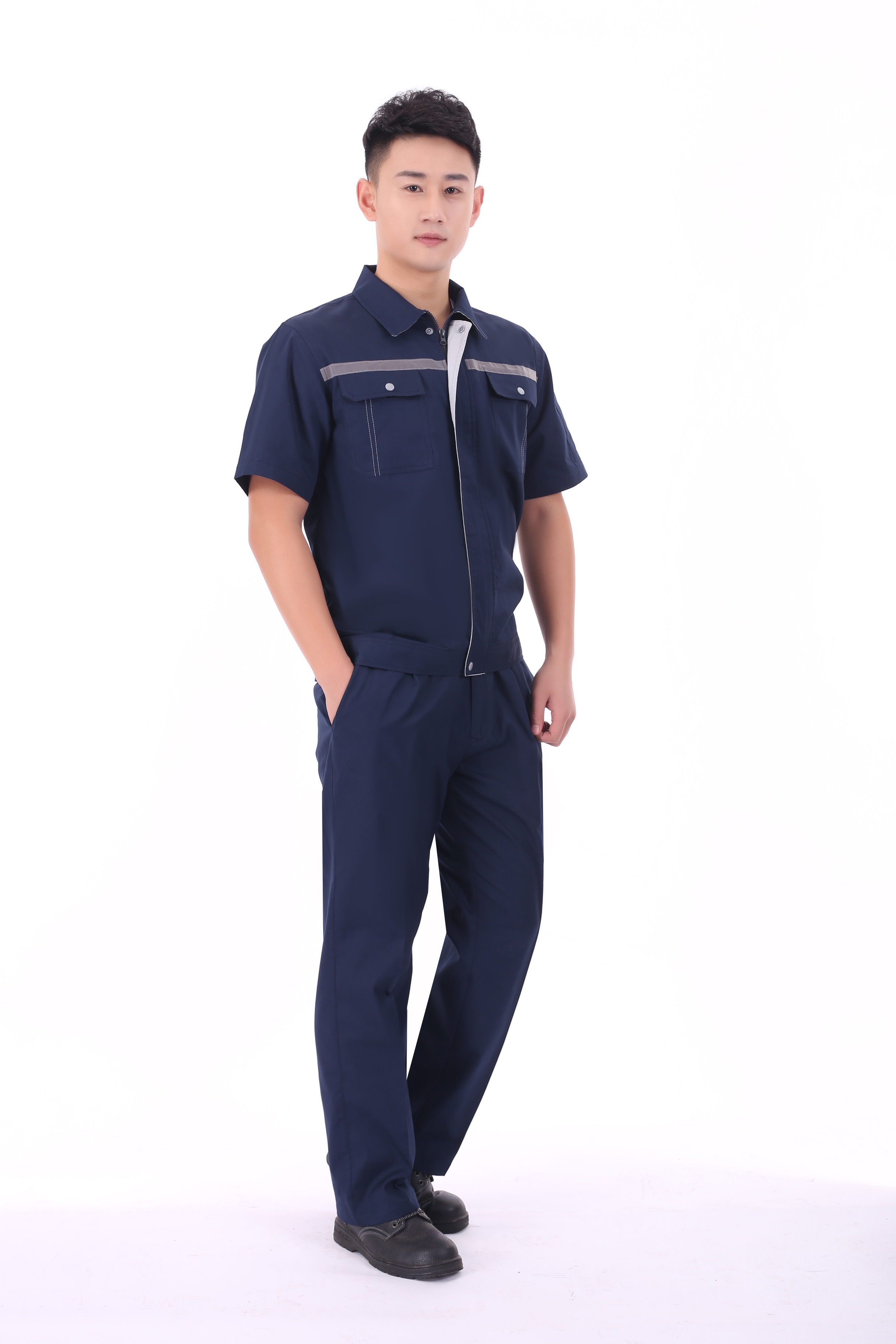 Reflective strip design pure cotton fine twill short-sleeved work clothes suit pants J02-0532