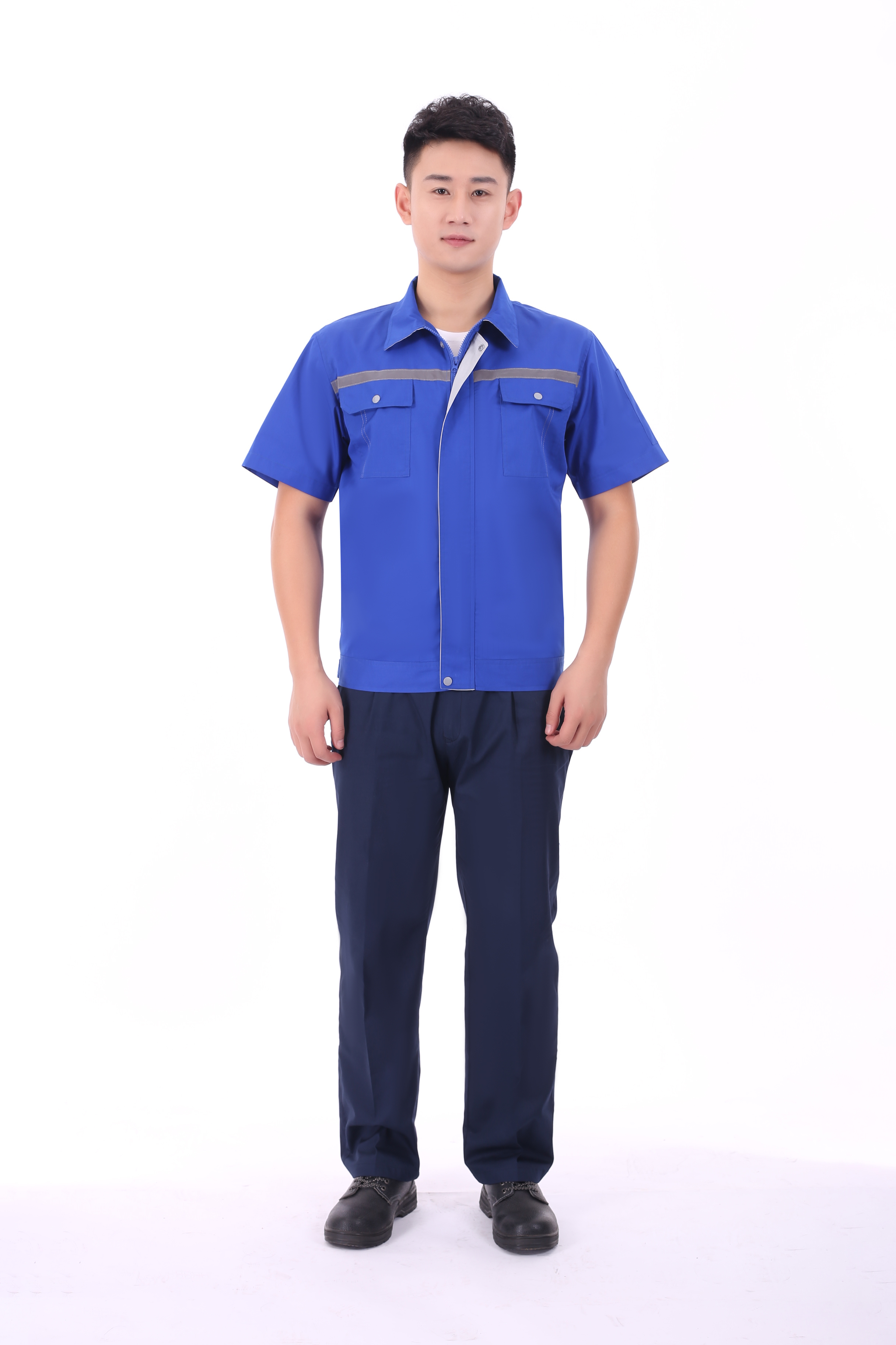 Reflective strip design pure cotton fine twill short-sleeved work clothes suit pants J02-0532