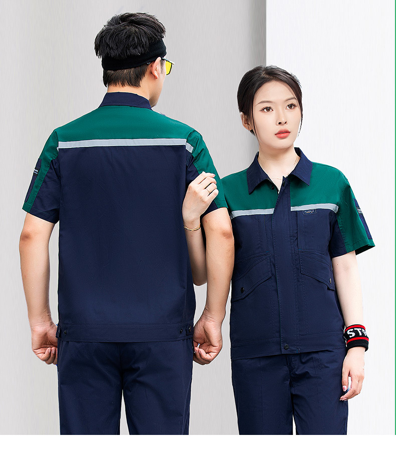 Summer polyester-cotton brushed color matching short-sleeved work clothes suit H22-24201