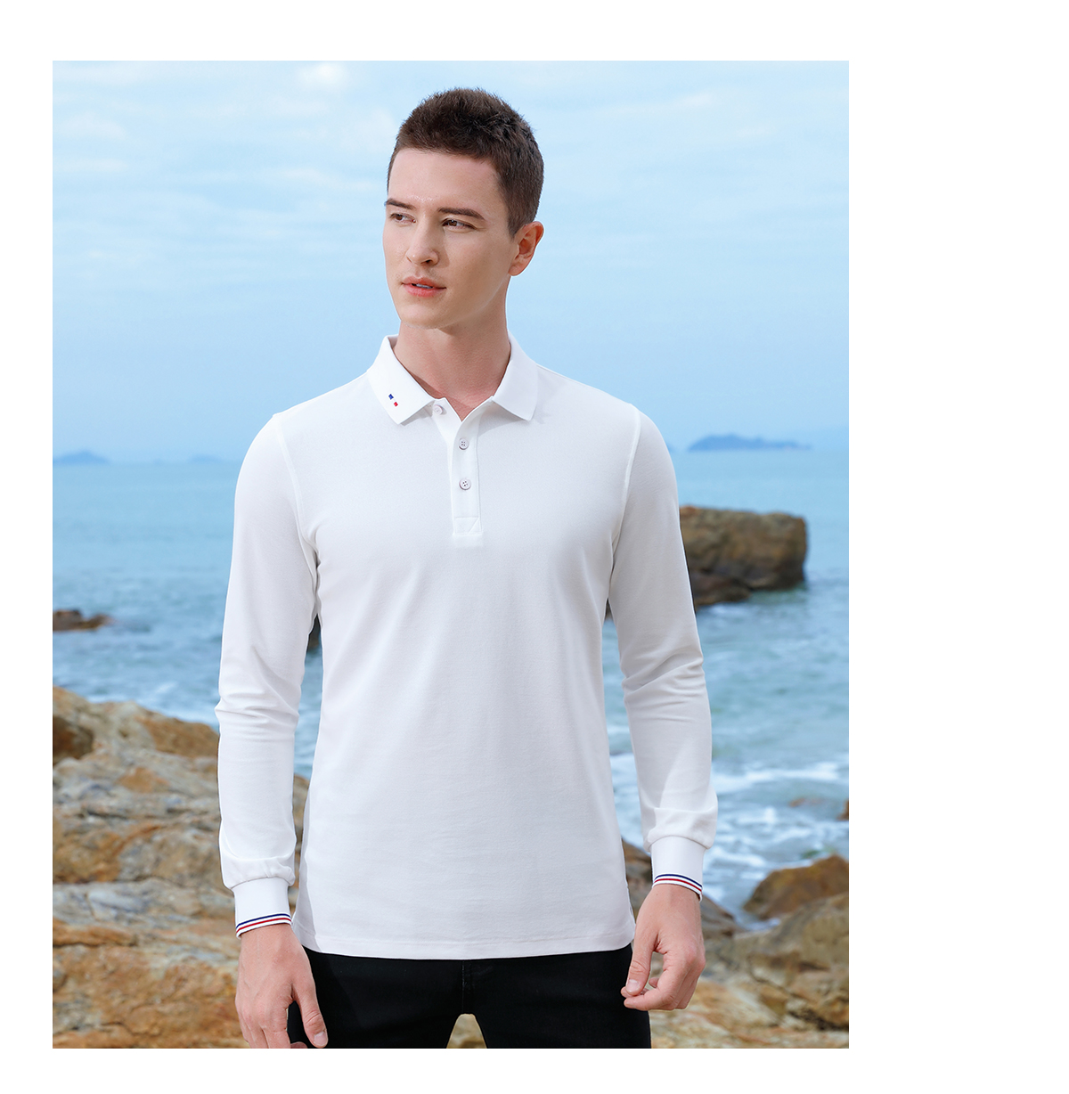 Sea Island Cotton Beaded Lapel Long Sleeve POLO Shirt Unisex Style Z15-261