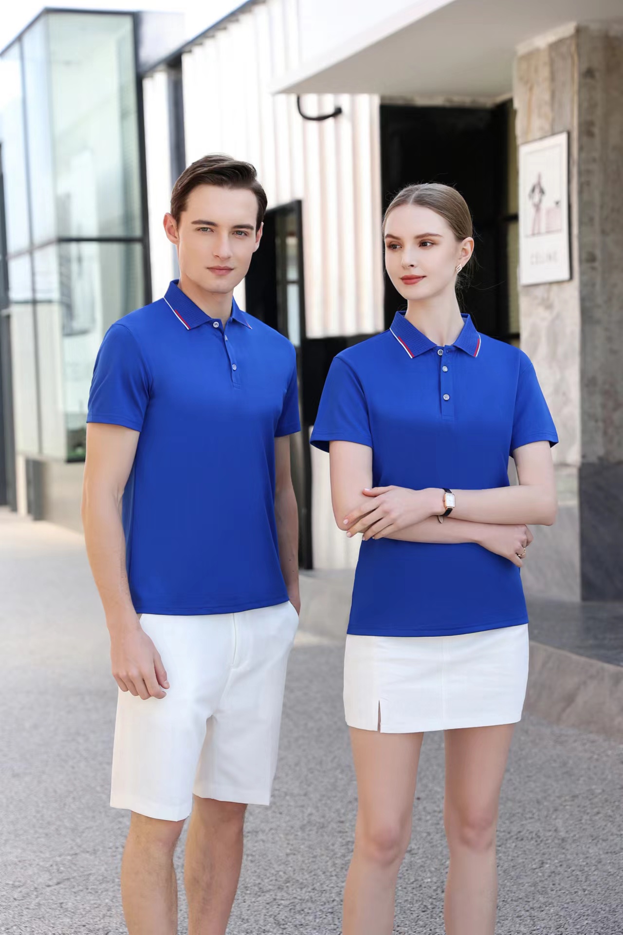 200g combed blue cotton pique jacquard collar short-sleeved lapel polo shirt GJ57-2098