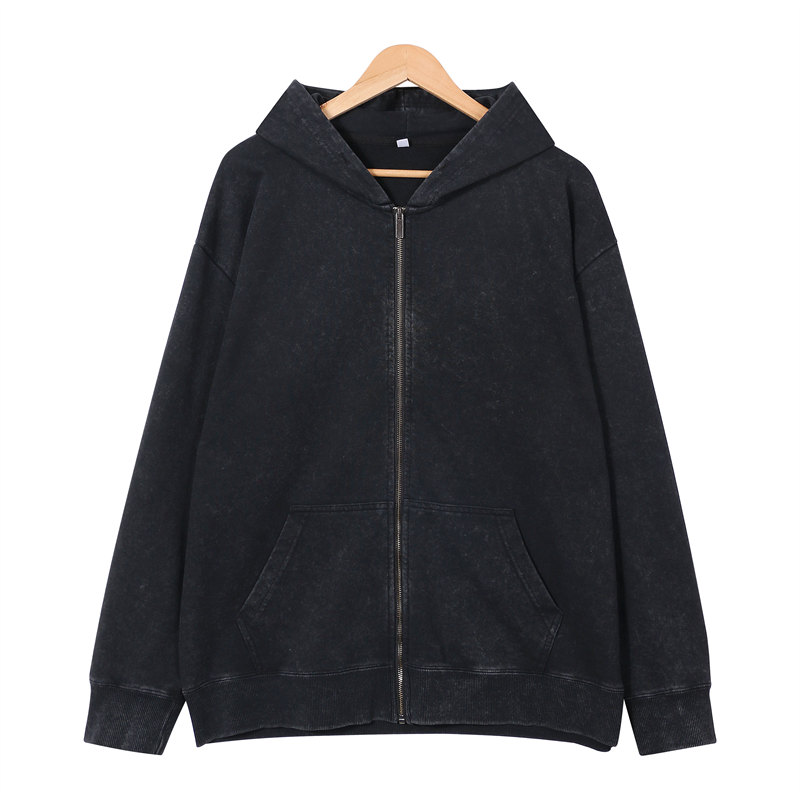 400g washed retro distressed heavyweight drop shoulder zipper cardigan sweatshirt GJ45-040L