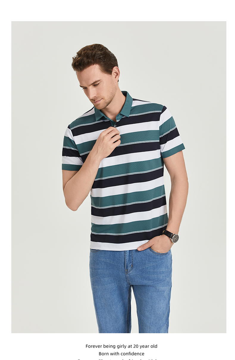 Comfortable and breathable black and white striped brocade and spandex yarn-dyed striped short-sleeved lapel polo shirt GJ61-W2822012