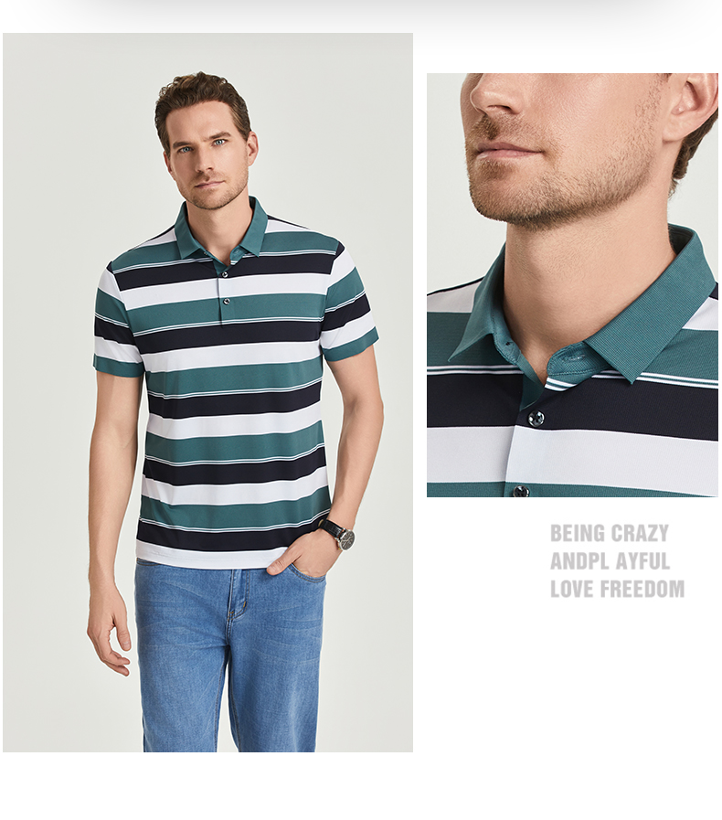 Comfortable and breathable black and white striped brocade and spandex yarn-dyed striped short-sleeved lapel polo shirt GJ61-W2822012