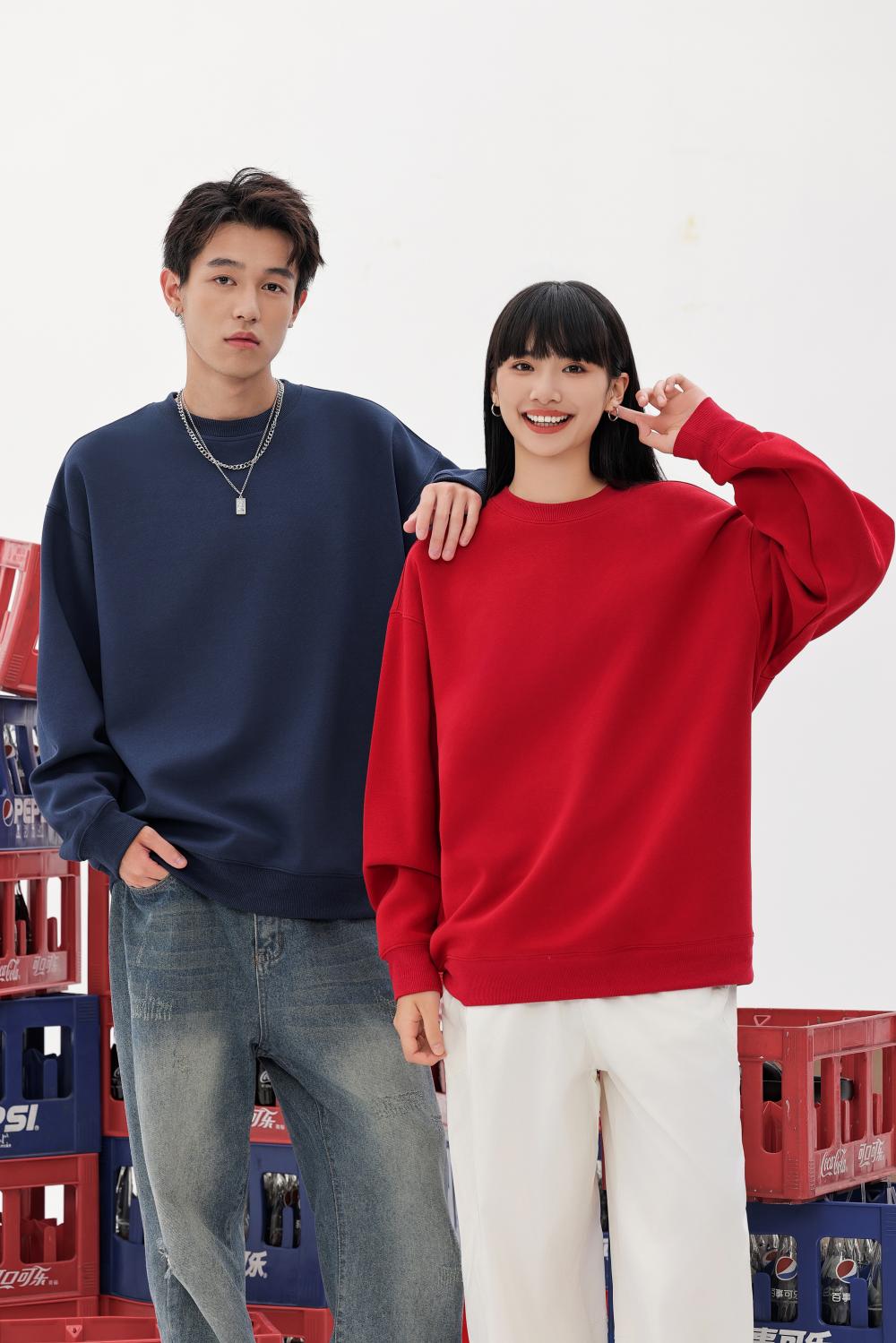 55011#380g Retro trendy cotton drop shoulder pullover round neck sweatshirt drop shoulder round neck