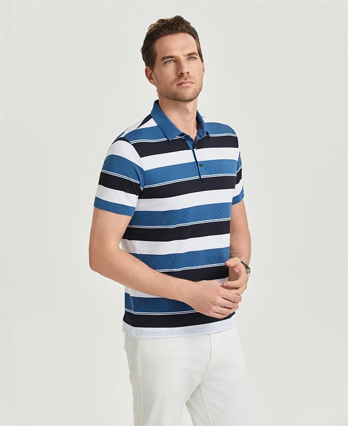 Comfortable and breathable black and white striped brocade and spandex yarn-dyed striped short-sleeved lapel polo shirt GJ61-W2822012