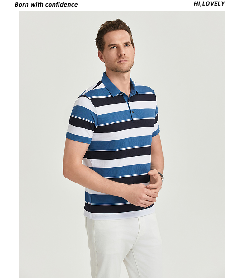 Comfortable and breathable black and white striped brocade and spandex yarn-dyed striped short-sleeved lapel polo shirt GJ61-W2822012