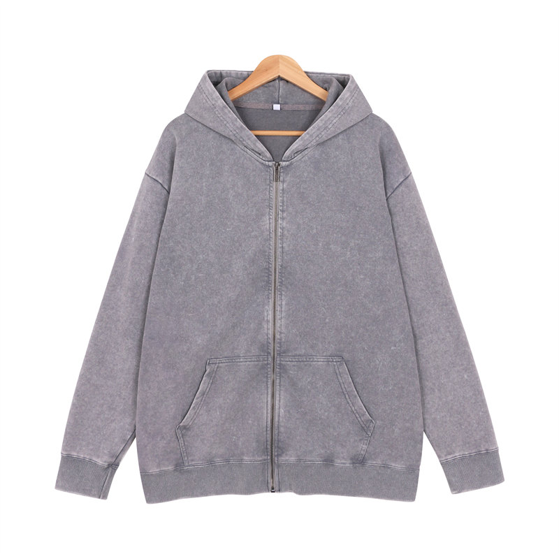 400g washed retro distressed heavyweight drop shoulder zipper cardigan sweatshirt GJ45-040L