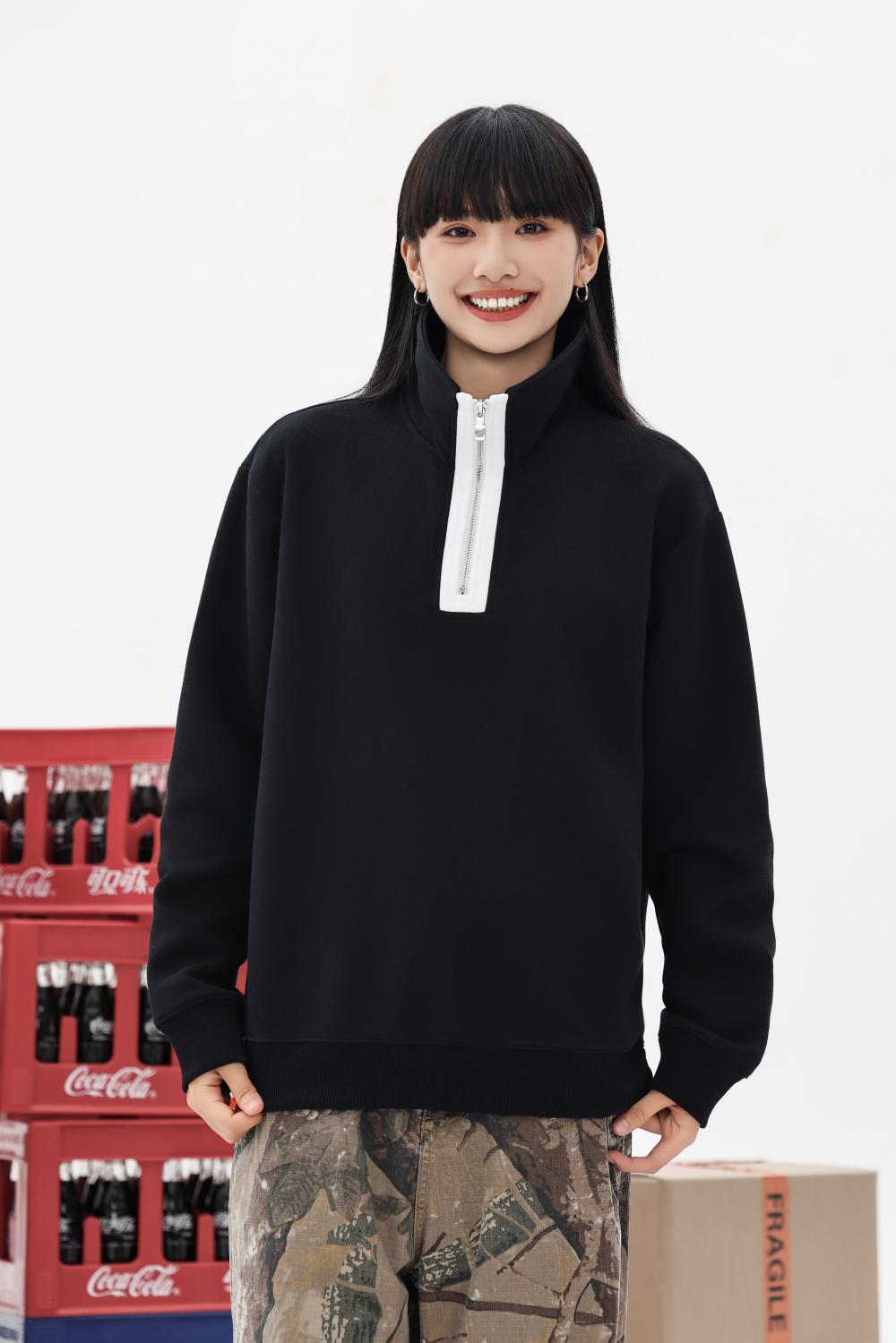 55017#380g Retro trendy cotton drop shoulder stand collar contrast color half zipper sweatshirt