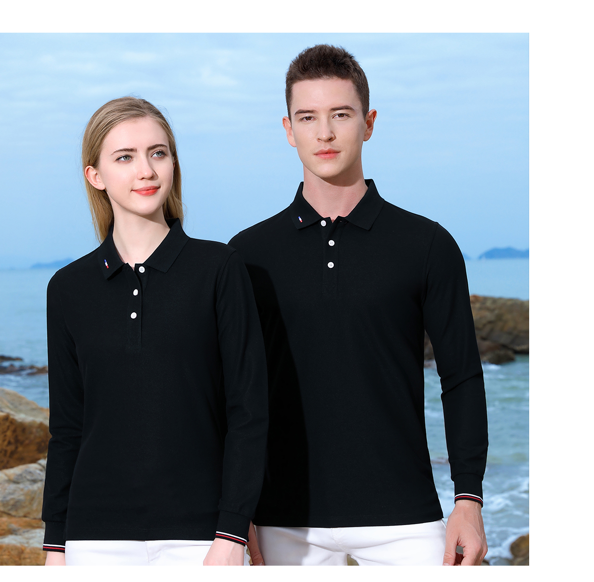 Sea Island Cotton Beaded Lapel Long Sleeve POLO Shirt Unisex Style Z15-261