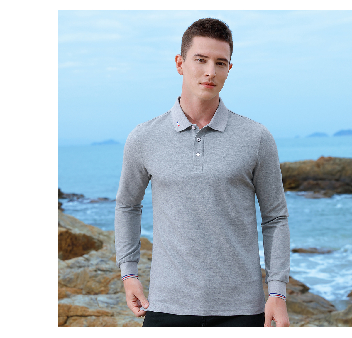 Sea Island Cotton Beaded Lapel Long Sleeve POLO Shirt Unisex Style Z15-261