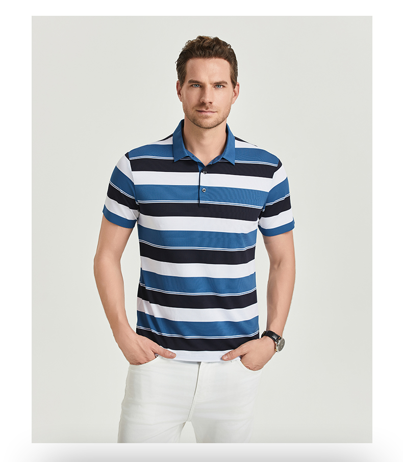 Comfortable and breathable black and white striped brocade and spandex yarn-dyed striped short-sleeved lapel polo shirt GJ61-W2822012