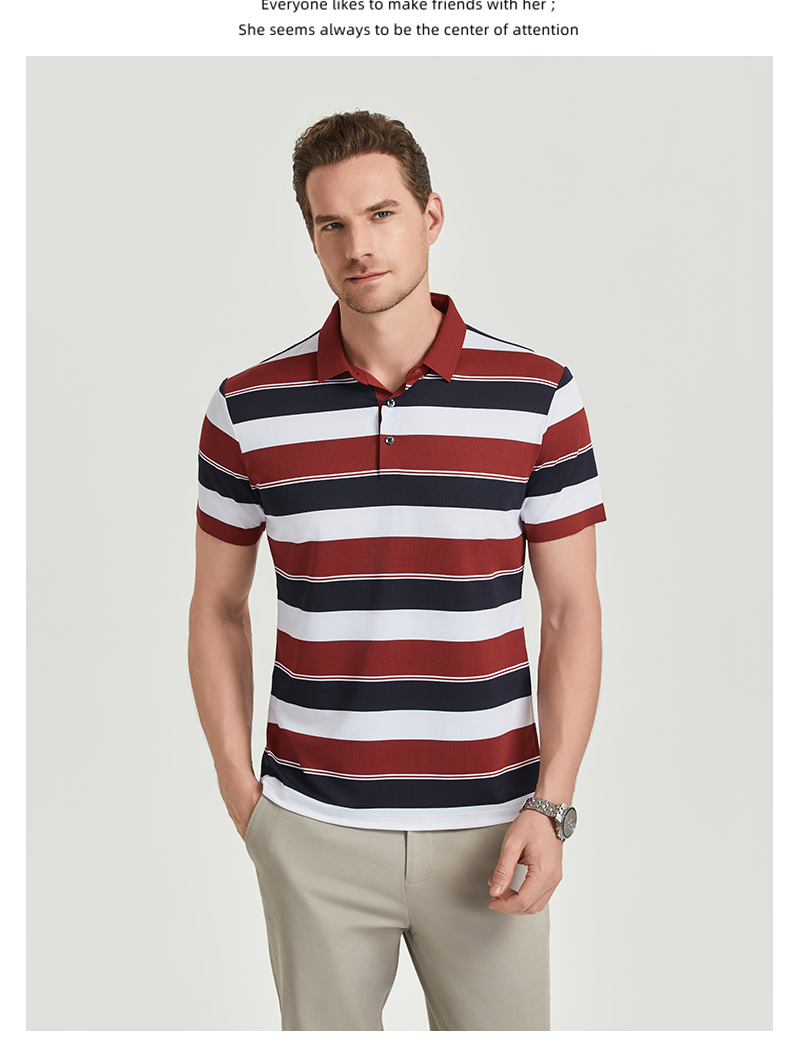 Comfortable and breathable black and white striped brocade and spandex yarn-dyed striped short-sleeved lapel polo shirt GJ61-W2822012