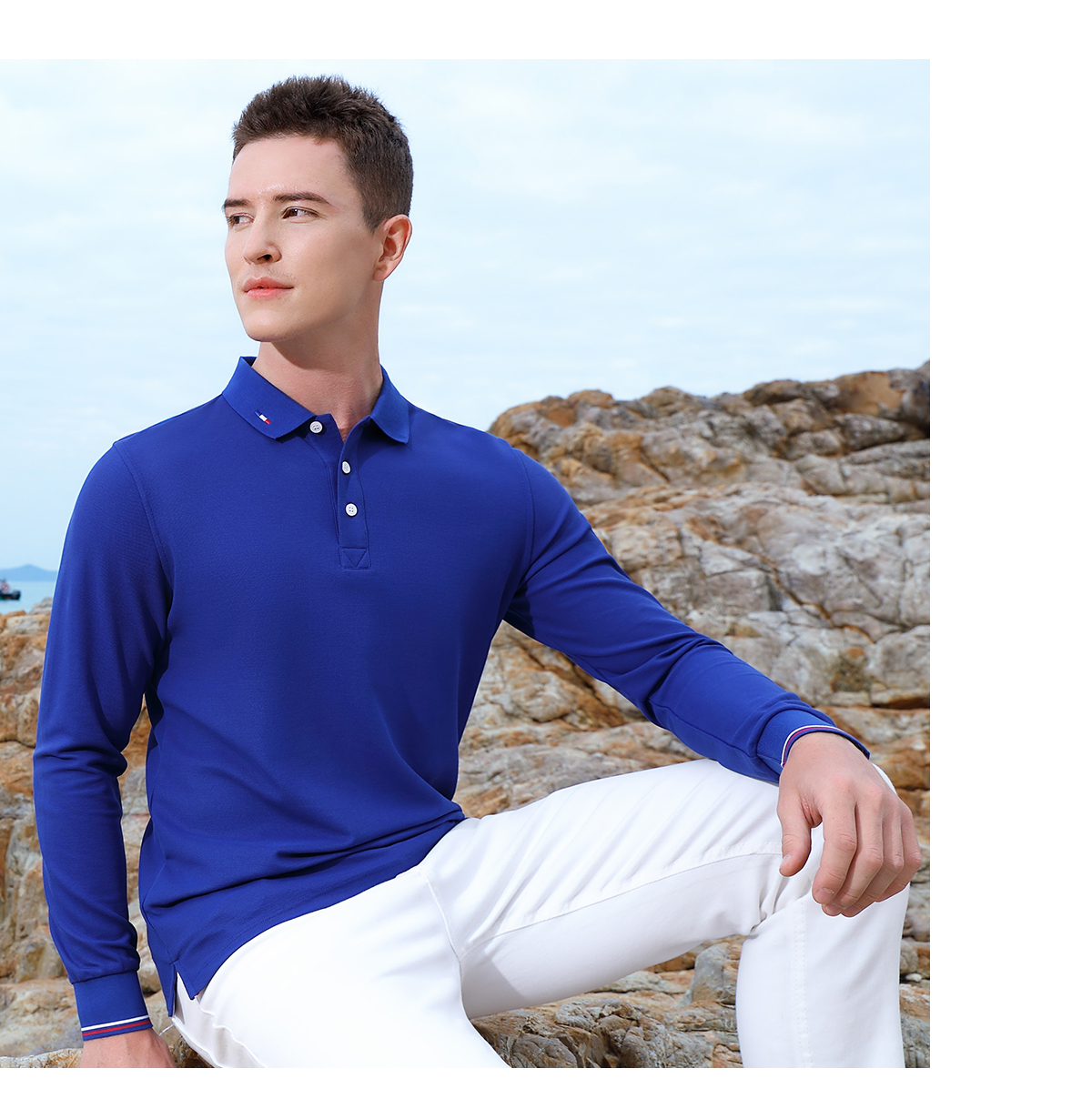 Sea Island Cotton Beaded Lapel Long Sleeve POLO Shirt Unisex Style Z15-261