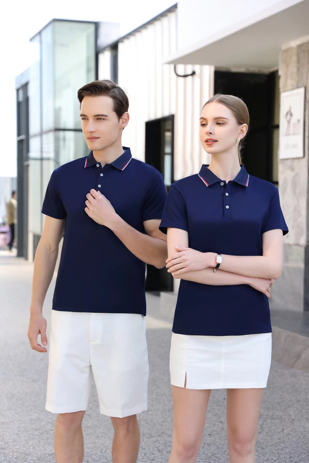 200g combed blue cotton pique jacquard collar short-sleeved lapel polo shirt GJ57-2098