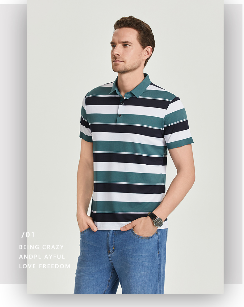 Comfortable and breathable black and white striped brocade and spandex yarn-dyed striped short-sleeved lapel polo shirt GJ61-W2822012